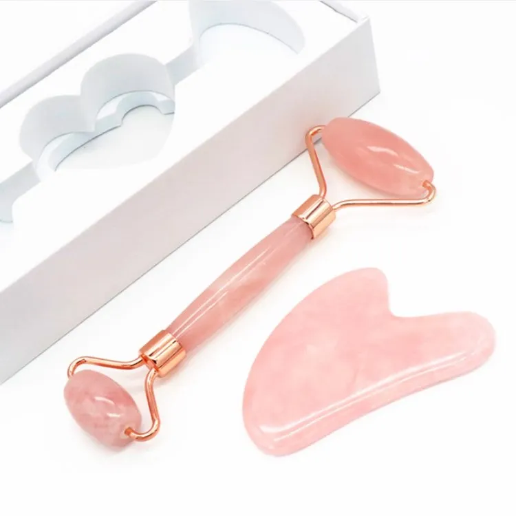Amazon Hot Sales Skin Care Tools Custom 100% Natural Facial Massage Roller Rose Quartz Face Jade Roller Gua Sha Set with Box