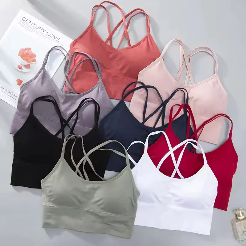 Padded Ladies Strap Cross Back Yoga Seamless Solid Sports Bra Crisscross Back Underwear Cross-back Top Bra U-shaped Neckline