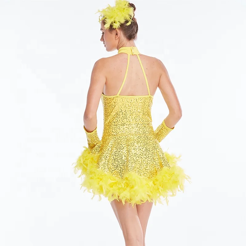 MiDee New popular design women dance costumes Sequin skirt feather high low hemline dresses Jazz solo stage performance wear