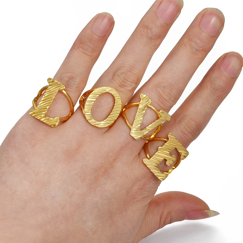 A-Z Letters Ring Women Girl Gold Color African Initial Rings Resizable English Jewelry Alphabet Finger Ring