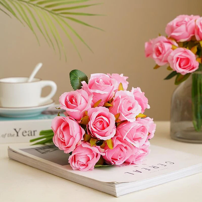 Wholesale Artificial Plants Flowers In Bulk Decorative Fake Flowers Green Plants Faux 12 Heads Silk Flower Bouquet For Wedding