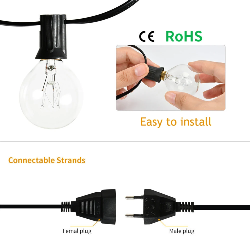 50ft Hanging 25 Shatterproof LED Edison Bulb Waterproof G40 Globe Bistro string Lights for Backyard luces de navidad