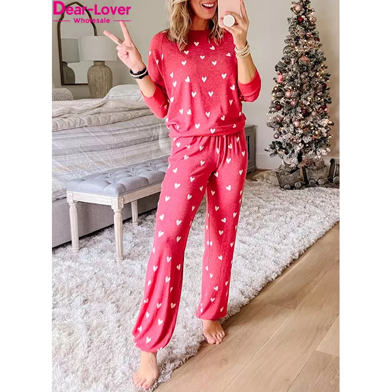 Dear-Lover High Quality Valentines Day Pyjamas Women Sleepwear Two Piece Heart Print Pants Lounge Set