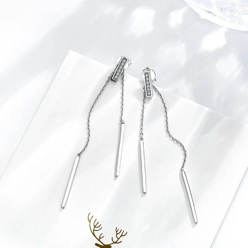 Simple and refreshing anti oxidant S925 sterling silver medium long earrings with pendant and zirconia inlaid drop earrings