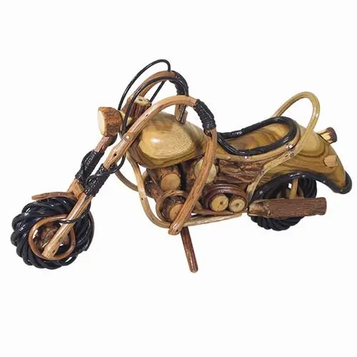 Wooden Motorcycle Figurine, Chopper Motor Bike Model, Handmade Collectible Sculpture, 11 Inches
