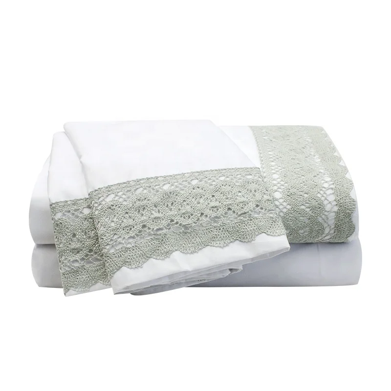 Aoka Wholesale Oeko-Tex Luxury King Size Crochet Lace Design Comfortable Microfiber Bed Sheet Bedding Sets