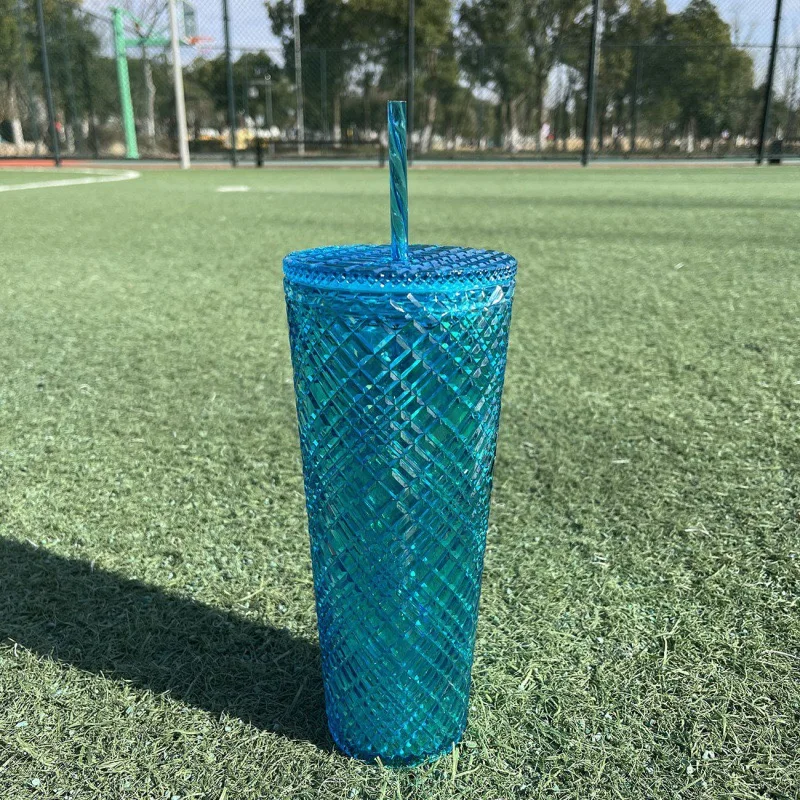 Portable Rivet Plastic Grid Studded Tumbler Durian Drinking Cup with Lid and Straw