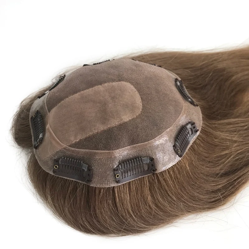 MONO Top Part Silk Top Brown Virgin Hair Women Hair Piece System Topper With Clips