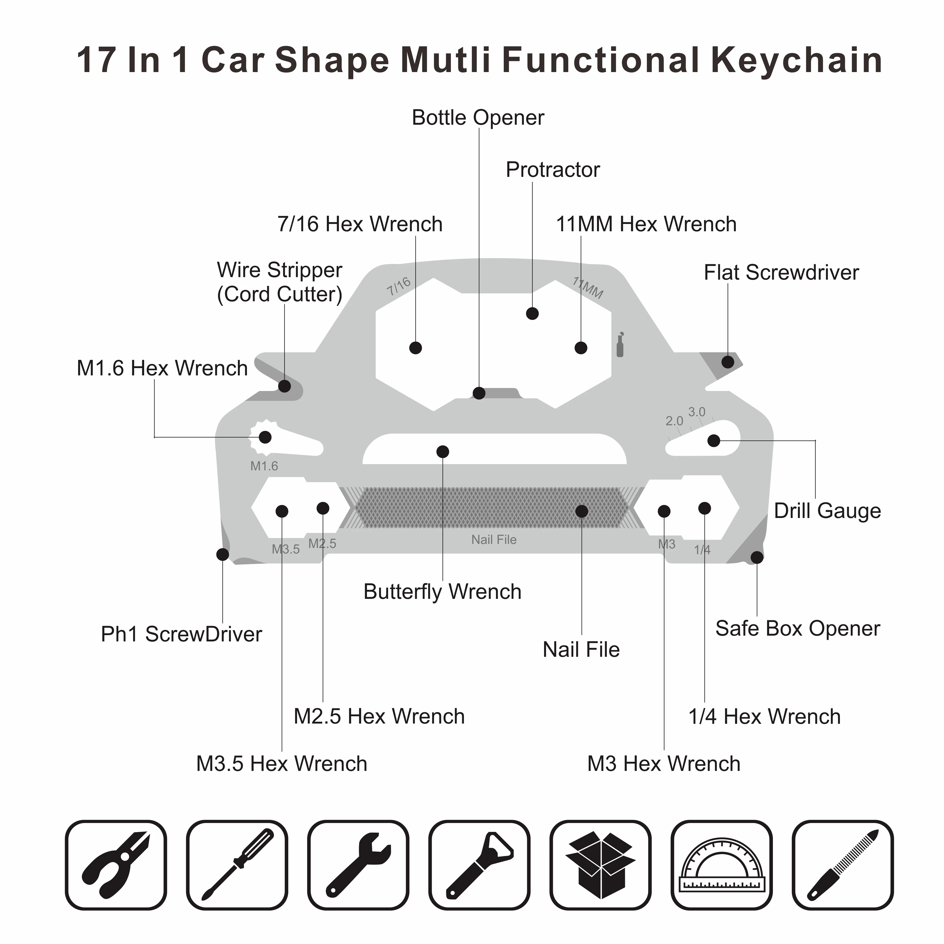 Free Sample 17 in 1Multi purposed Sports Car EDC Keychain Tool
