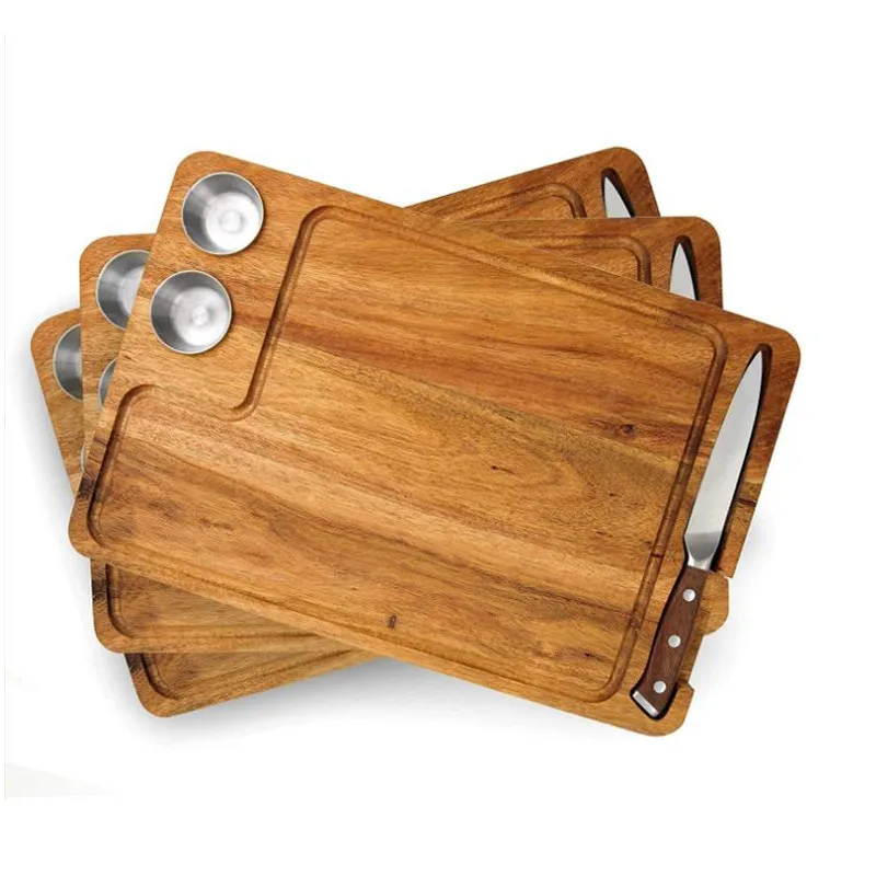 Acacia Wood Steak Chopping Board Meat Cutting Board Set Including Sauce Cups and Steak Knife