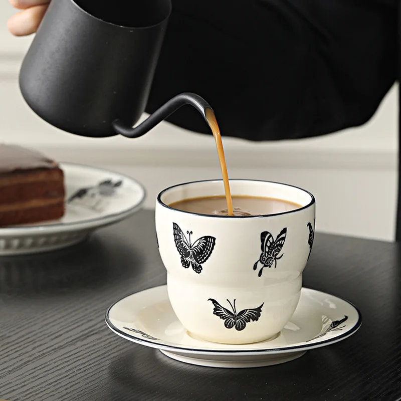 2024 new French butterfly ceramic mug and saucer set vintage gourd home office breakfast milk cup