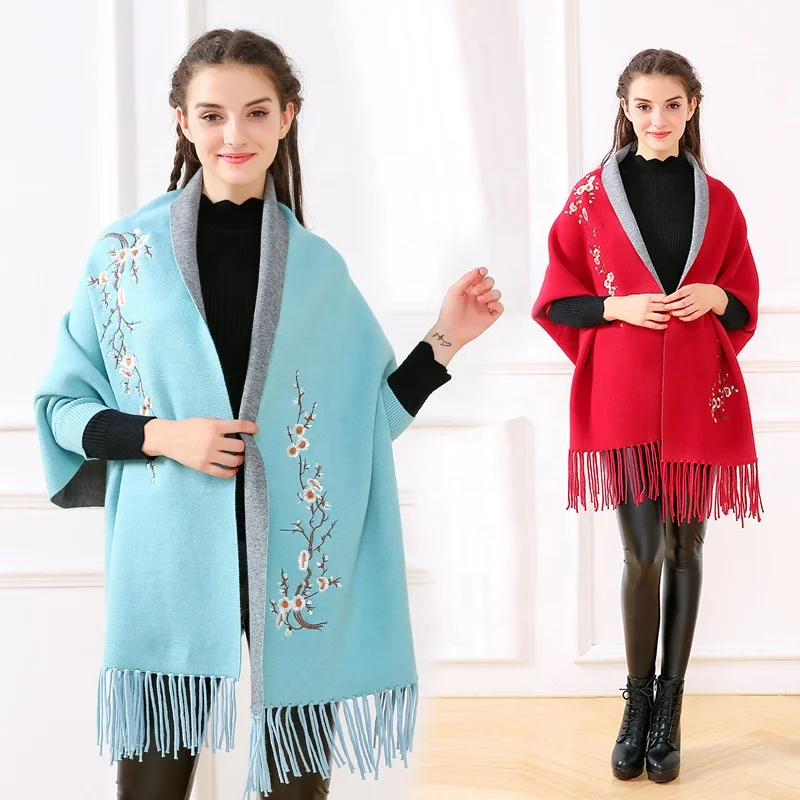 Embroidered cape in front with sleeves  coat cloak Ladies Winter Warm Artificial Cashmere Batwing Sleeve Shawl Tassel