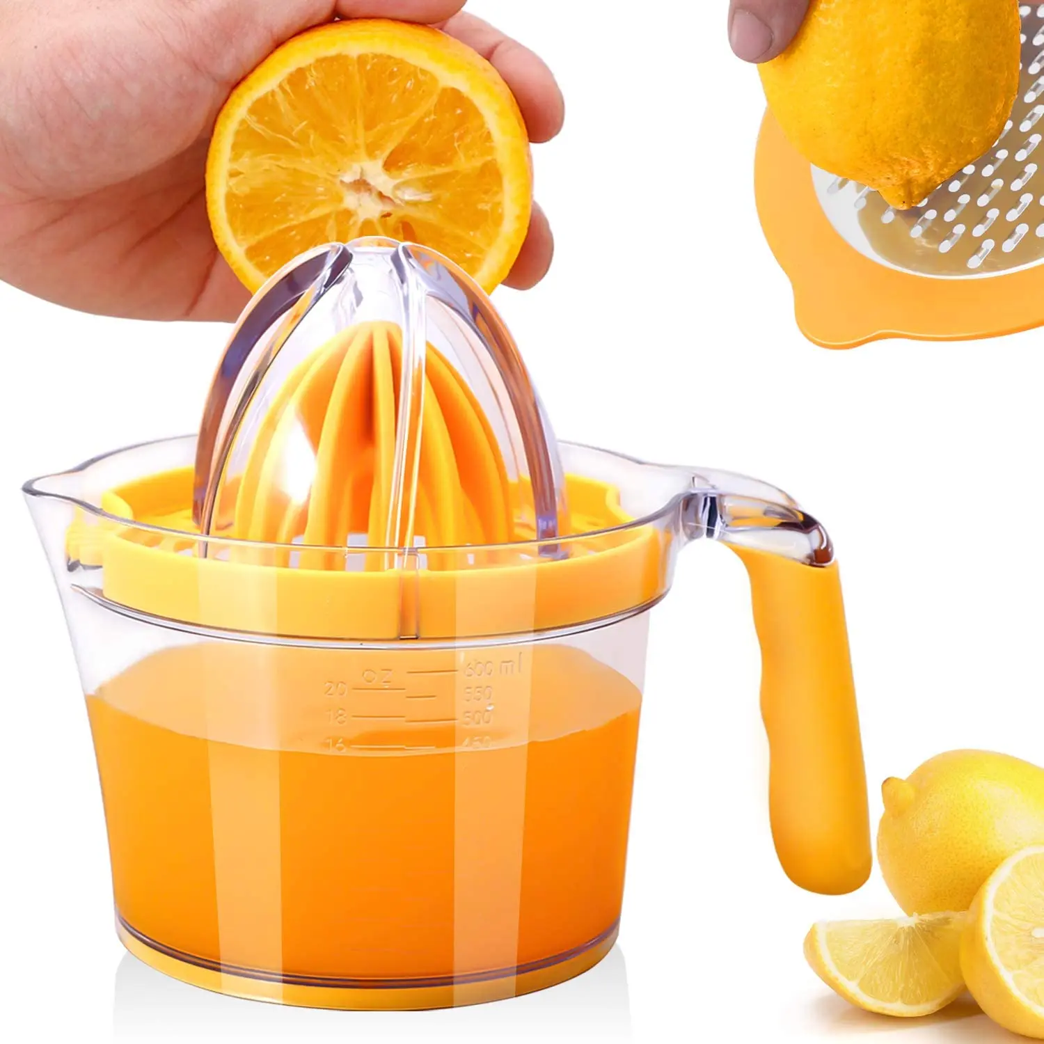 Multifunction Citrus Lemon Orange Juicer Plastic Manual Hand Squeezer with Built-in Measuring Cup and Grater