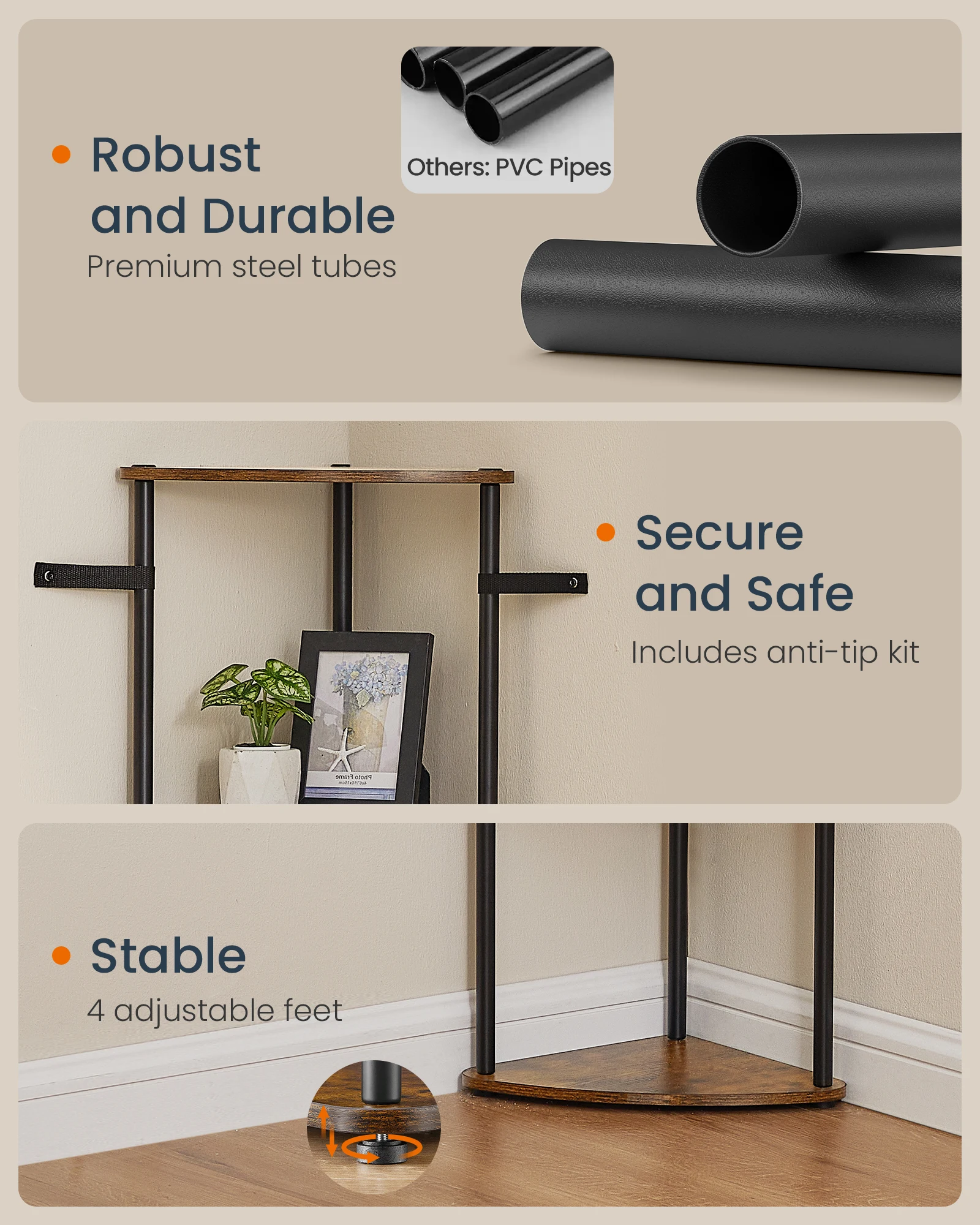 SONGMICS HOME Small Space Decor Free Installation Floor 5 Tier Corner Storage Stand Wood Corner Bookshelf