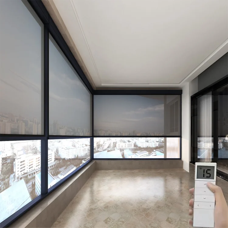 Windproof Window Curtain Electric Control System Outdoor Smart Zip Screen Shades Motorized Patio Roller Blinds