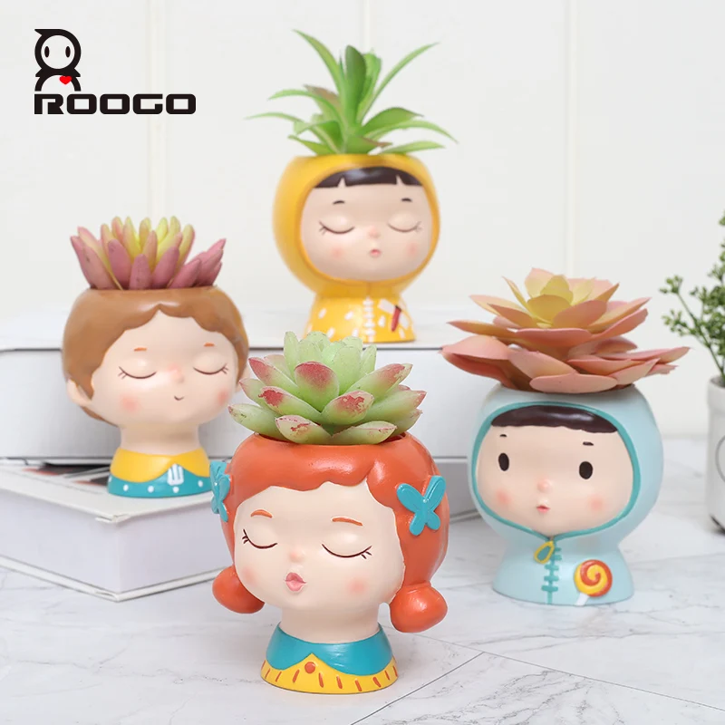 Roogo cute doll head shaped PVC planter flower pots