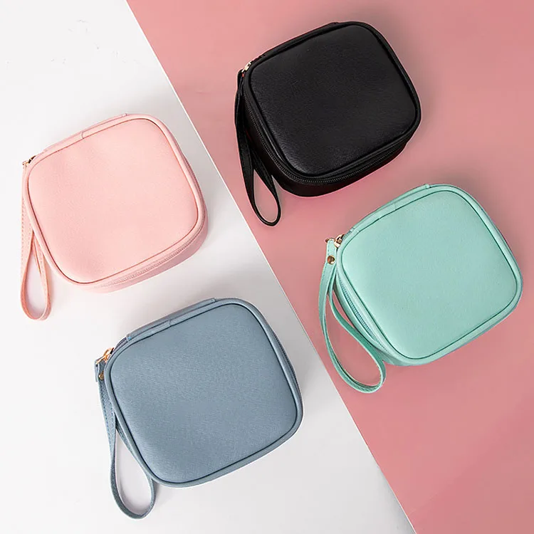 wholesale custom sanitary pad organizer USB date cable storage holder portable wrist square bag mini leather cosmetic pouch