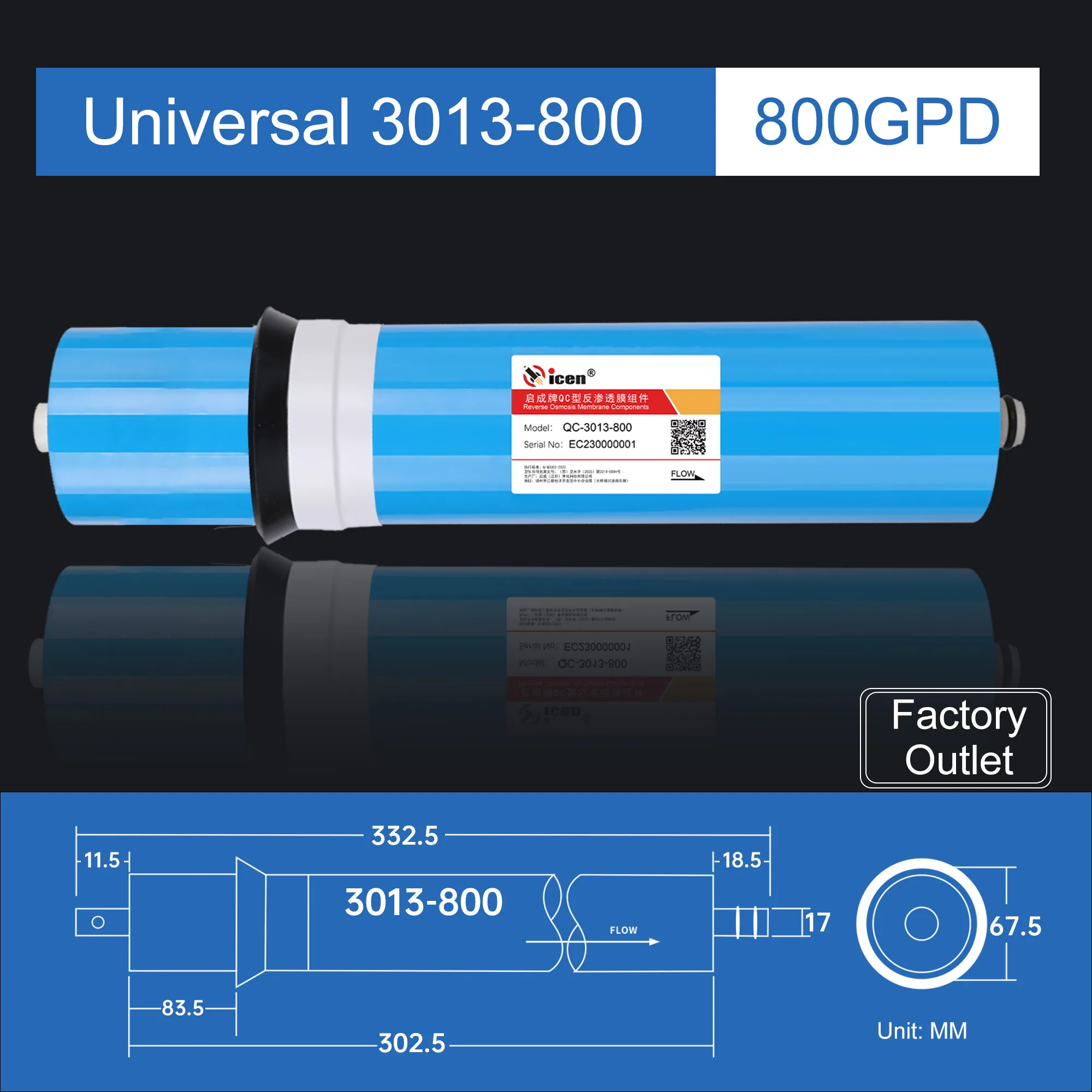 ICEN 3013-800G High Flow Reverse Osmosis RO Membrane Element For Drinking Water Purifier