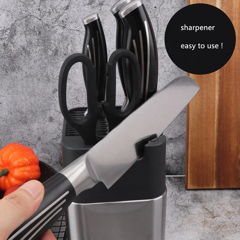 Universal Stainless Steel Knife Standing Holder Space-Saver Knife Storage with Sharpening Edge and Scissors Slots Block