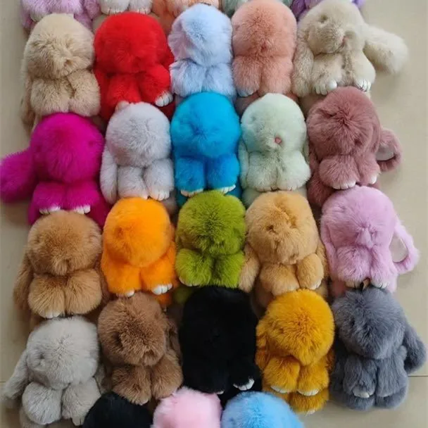 Factory Wholesale High Quality 15cm Fluffy Rabbit Fur Bunny Keyring Rex Rabbit Fur Toy Doll Cute Plush Rabbit Keychain