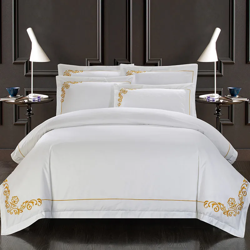 Wholesale Hotel Linen Embroidery Duvet Cover Fitted Bed Sheet Set 3cm Stripe 100% Cotton Bedding Set