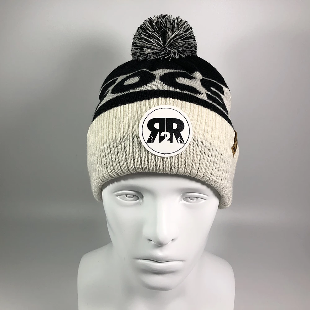 Custom high quality knitted retro toque Suede leather patch ribbed brim pom pom hats Character jacquard two tone sports beanies