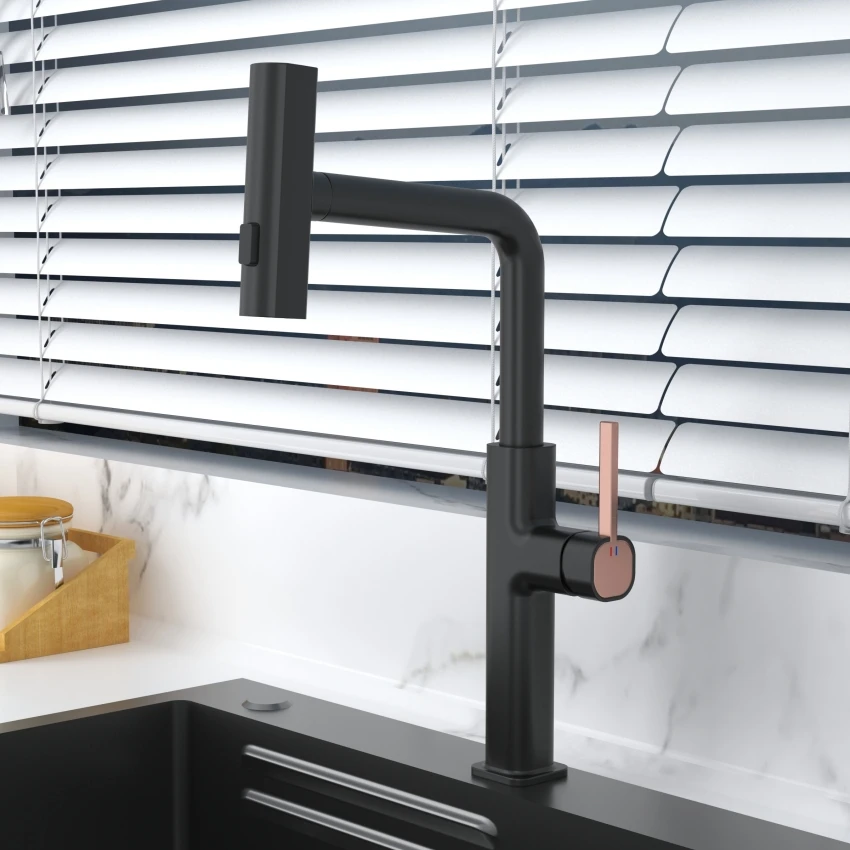 New Design three  Function Pull Down Kitchen Faucet Brass Rotating Nozzle Kitchen Sink Faucet