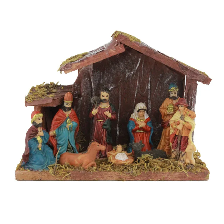8 Piece Polyresin Small Nativity Set Holy Birth Wood Nativity Set Christmas Figurines with Mossy Stable