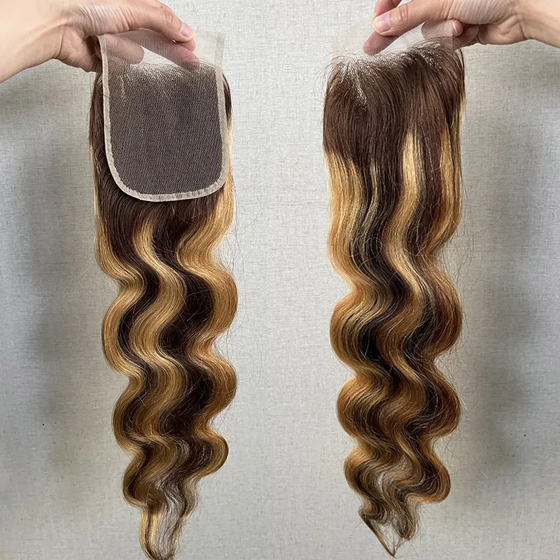 P4/27 Piano Highlight 100g Body Wave Bone Straight Brazilian Double Drawn Mixed Color raw Human Hair Weave Bundle with closure