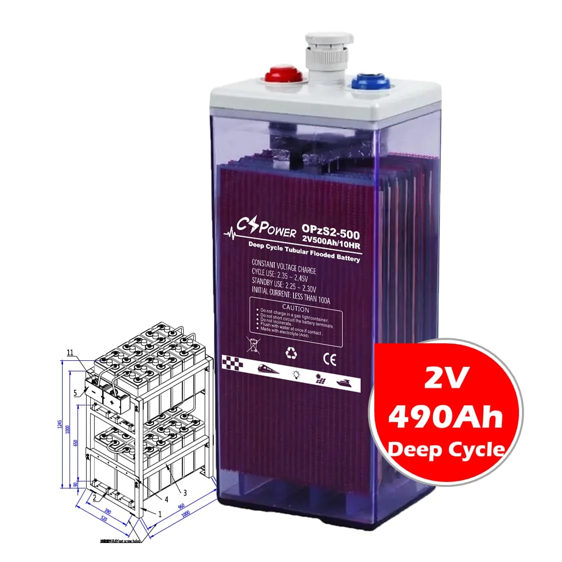 CSPower 2V 490Ah deep cycle Tubular gel OPzS Battery for  marine China manufacture OPzV2-490 7OPzS490 VS Sonnenschein  RIT