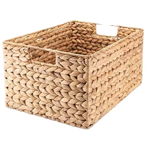 HT Built-in Handles Kitchen Medium Rectangular Water Hyacinth Storage Baskets Wicker Baskets for Bedroom Living Room Bathroom