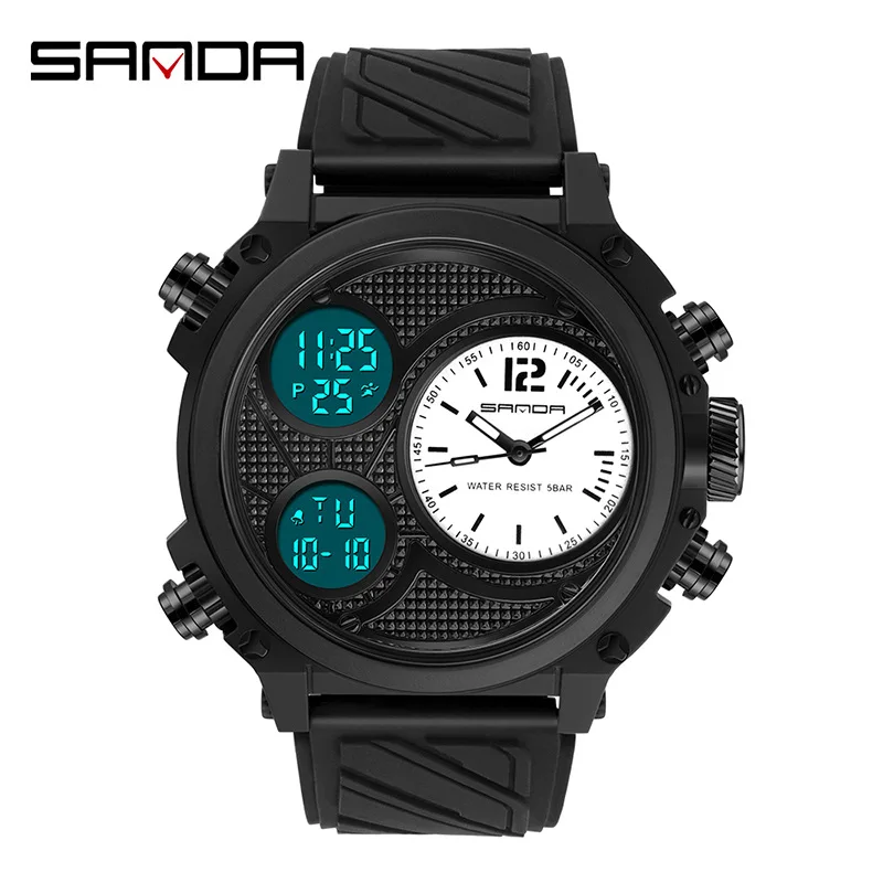 Newly sold sanda checkered black large dial 12/24 hour set time alarm clock classic digital watch men creativity
