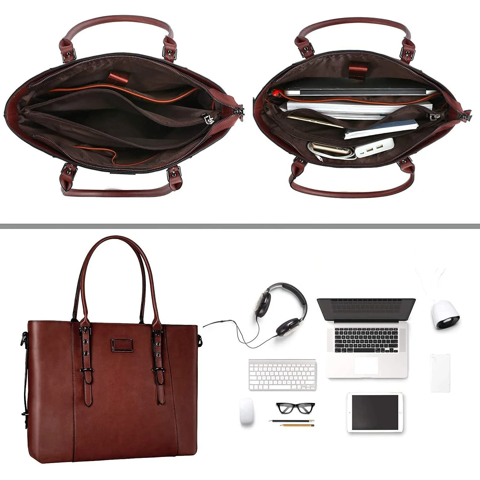 Custom LOGO Totebag Vintage Waterproof Hand Bag Briefcase PU Leather Laptop Tote Bag Ladies Satchel