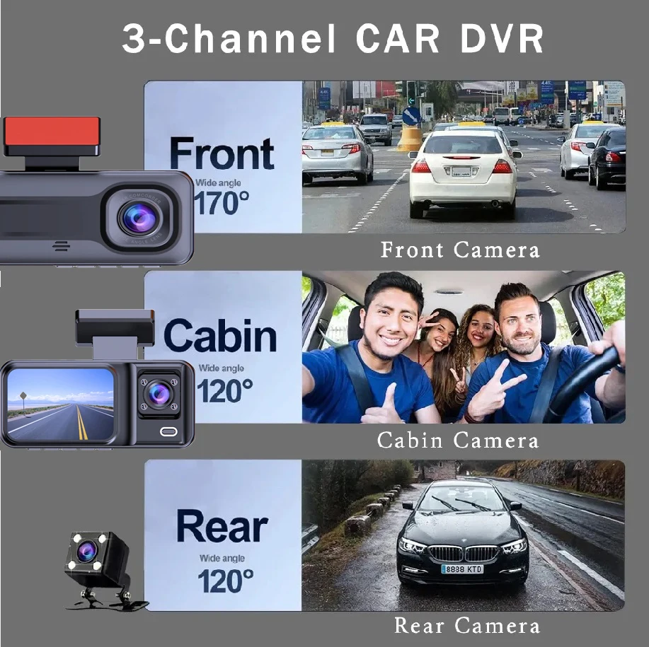 Car DVR Camcorder Black Box Video Recorder 2 Inch Mini Dash Cam For Car 3 Lens Camera Loop Recording 24 Hours Parking Monitoring