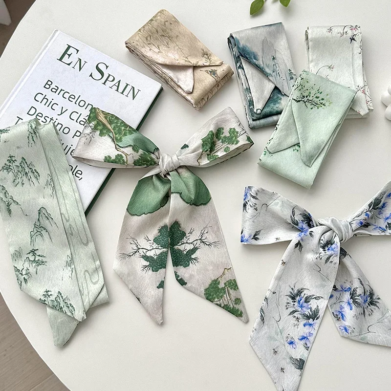 Factory Hair Scarf Hair Ladies Handbag Satin Silk Women Neck scarf Polyester Green Custom Designer Ribbon Silk Scarves
