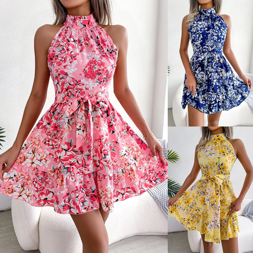 Casual Sleeveless Midi Elegant Dress High Waist Slim Soft A-line Dress Summer New Halter Ladies Ruffled Floral casual dresses
