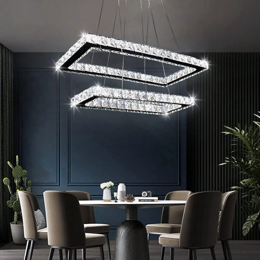 Modern Monochrome LED 2-Ring Square Pendant Lights Crystal Chandeliers for Hotel Dining Room & Living Room Decoration