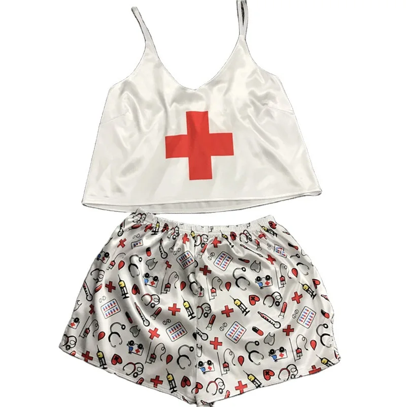 
Printed Pajamas Sexy Sets Female Satin-pajama-set Lingerie Set Cute Cartoon Short Pajama Silk Women 2 Piece Nightgowns Acceptale 