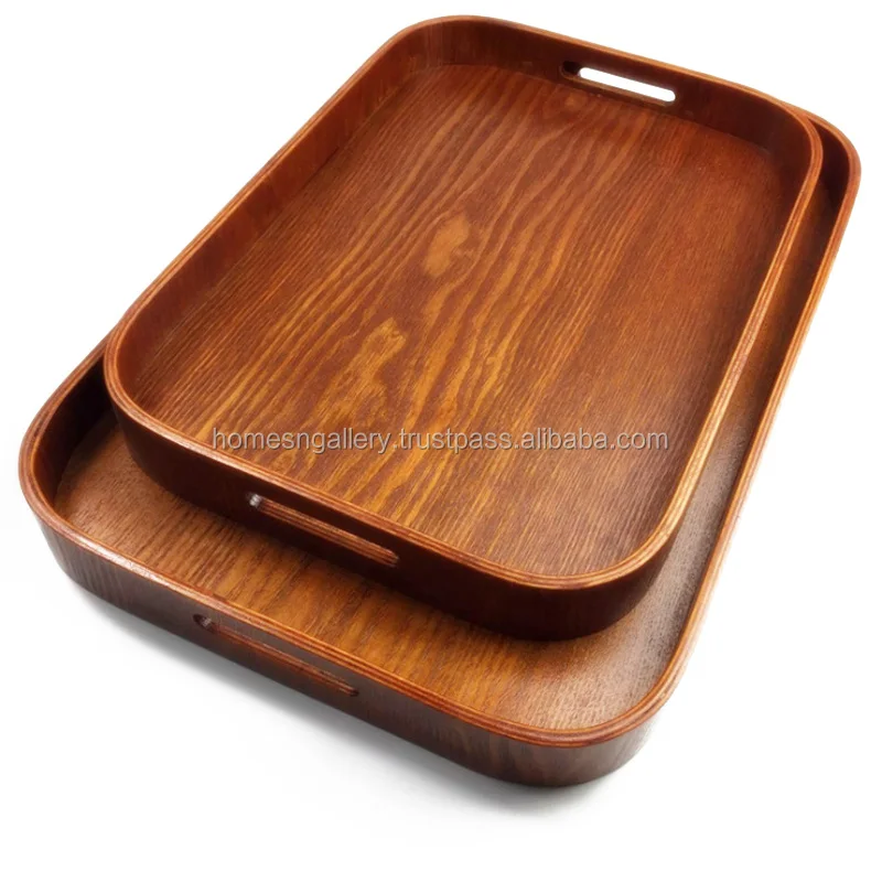 Rectangular Wooden Tray with Metal Handle