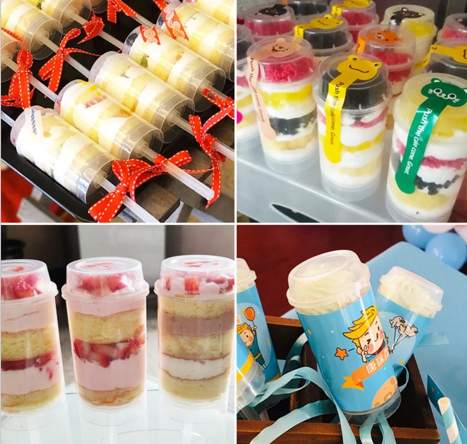 Lovely Push Cake Cup Mousse Tiramisu Cups Plastic Disposable with Push Rod and Lid /18cm Length Mousse Ice Cream Cup