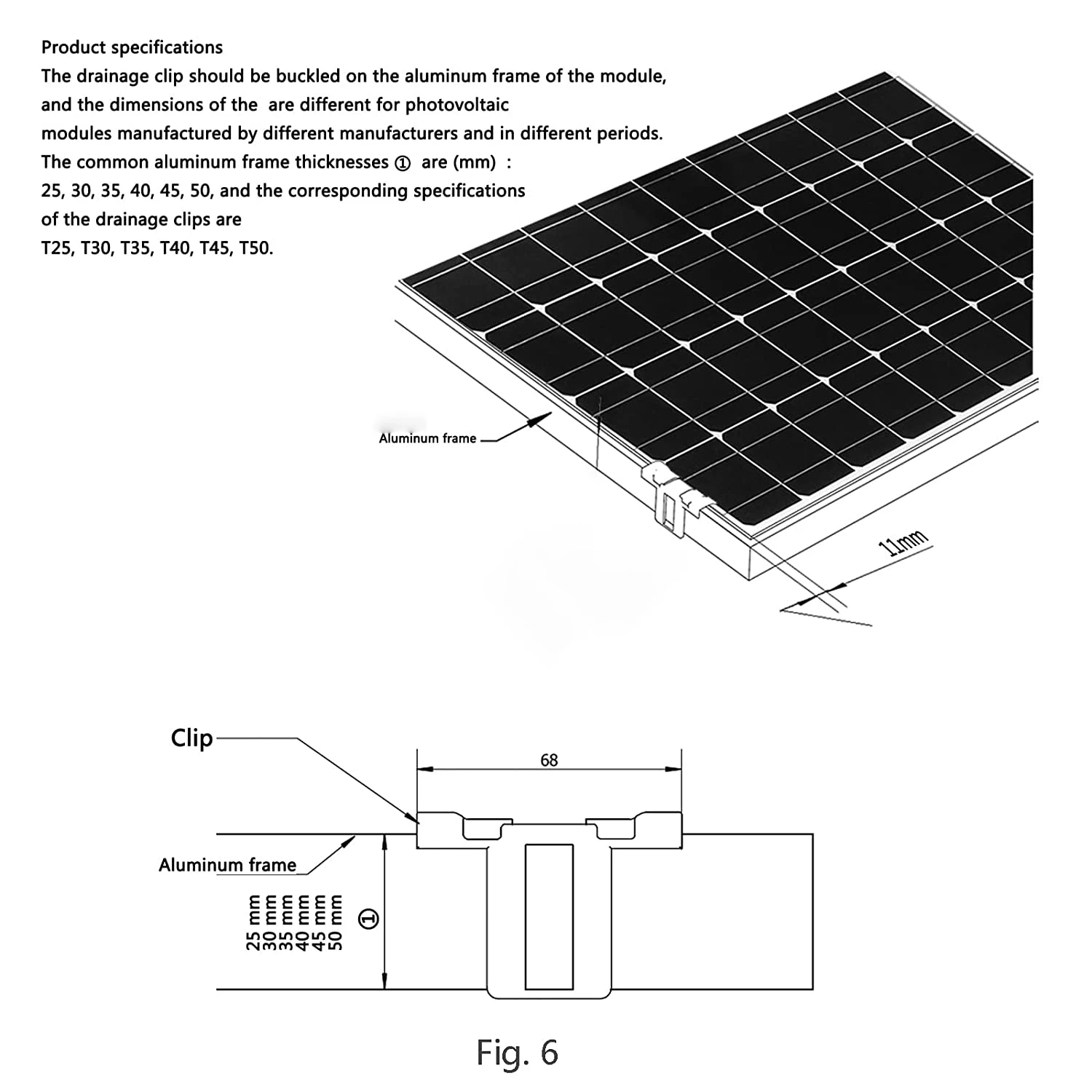 25mm 30mm 35mm 40mm Solar Energy Station accessories PV Module Cleaning solar drainage clips