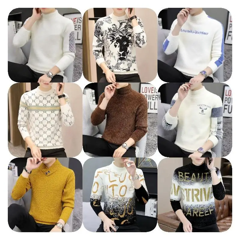 Round Neck Knitted Pullover Factory Direct Sales of Men's Knitted Sweaters, Mohair Furry Striped Standard Winter Turtleneck