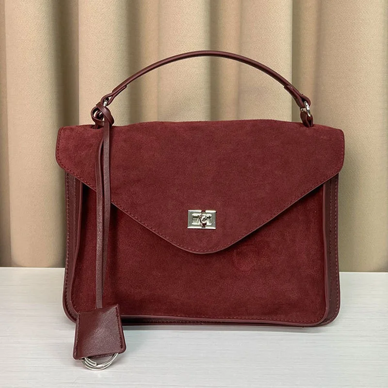 online retailer wholesale trendy women red suede PU leather shoulder bags square handbag