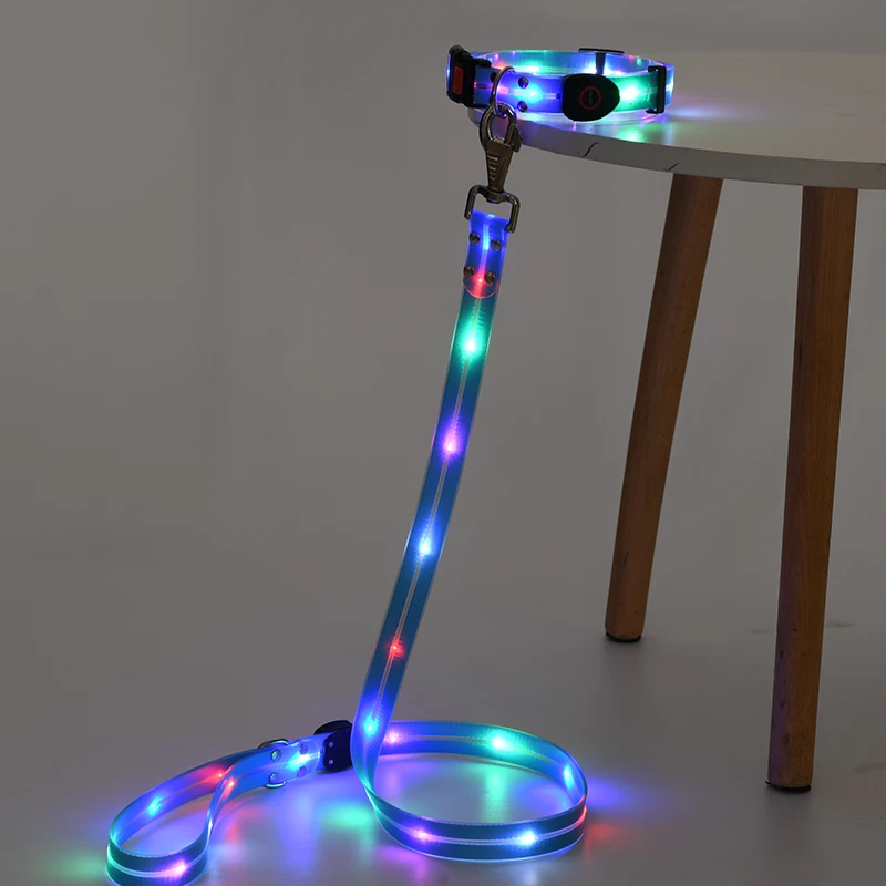 Stock Adjustable Anti-lost Dog Leash Collar Light Up Glow in Dark Nylon Waterproof Dog Leash and Collar Set