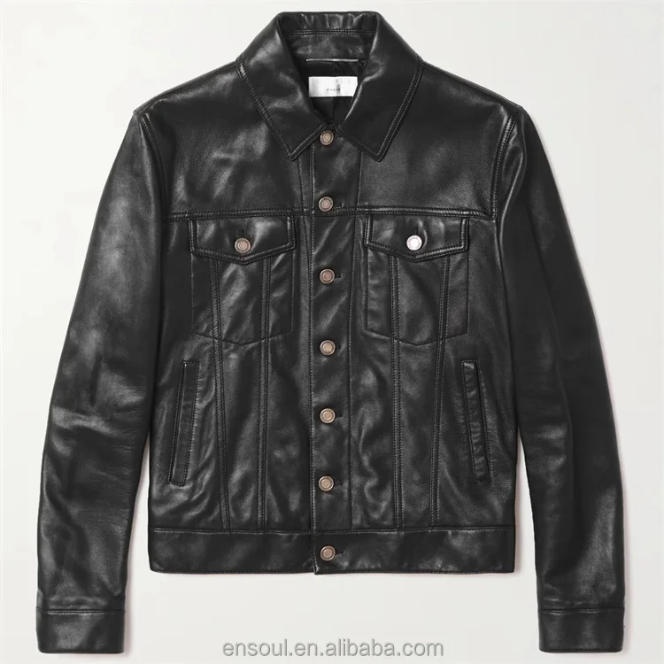 OEM Factory casual black custom logo button leather jacket for men