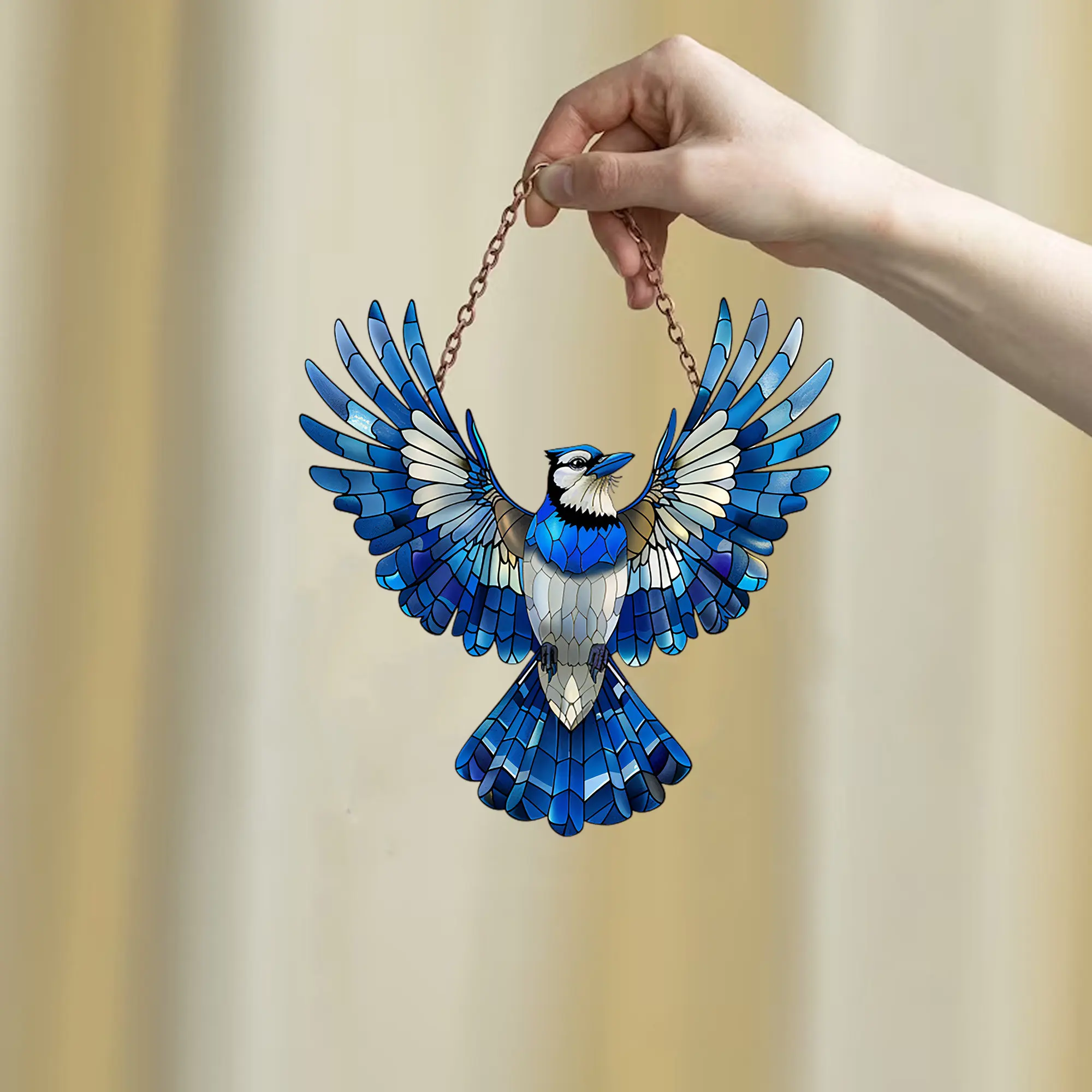Acrylic Blue Jay with peony flowers window hangings Nature lover home decor Housewarming gift Bird Ornaments