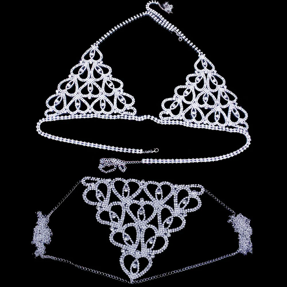 Manufactures China Women Sexy Bling Crystal Glitter Jeweled Diamond Body Chain Heart Bra Underwear Lingerie Set With Rhinestone