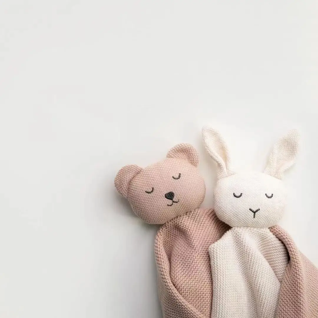 Ins hot sale soft 100% organic cotton bunny bear animal knitted baby comforter security blanket for newborn