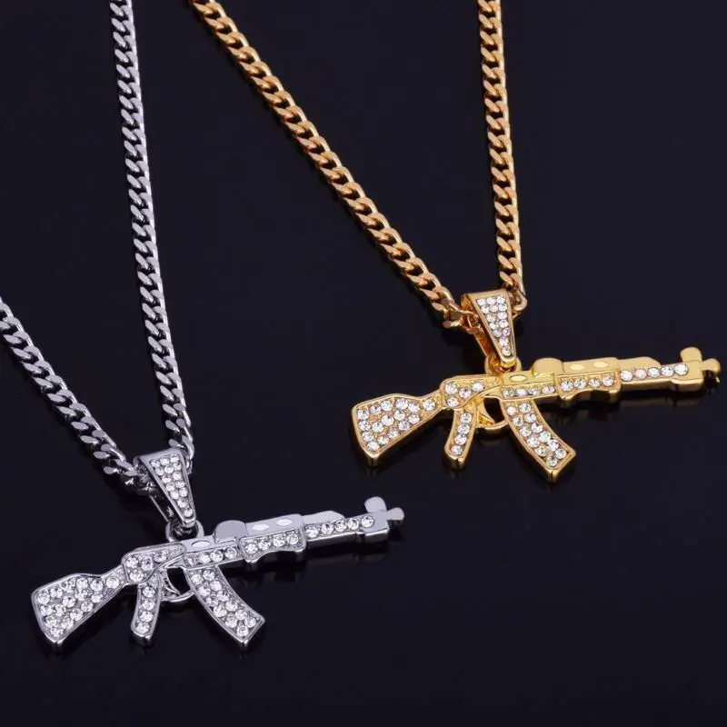 Free sample product fashion hip-hop jewelry Cuban chain ice out Ak 47 gun personality pendant necklace