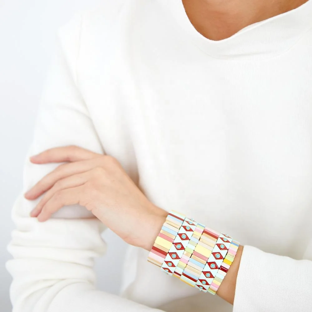 
Wholesale Custom Yellow Blue Gold Rainbow Bracelet Set Hand Bracelets Bangles For Men Enamel Tile Stacked Bracelets Set 